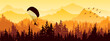 Horizontal banner. Magical misty landscape with paraglider and birds. Silhouettes of trees and mountains. Yellow, orange, brown illustration. 