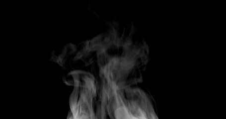 Wall Mural - White steam isolated on black. Trickle of Steam Slowly Rising from the Cup. White steam rises graceful twists on a black background. Footage is perfect for the layer with different blending modes.