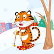Cute cartoon tiger skiing in winter