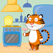 Cute cartoon tiger with sausage on colorful background. Vector illustration