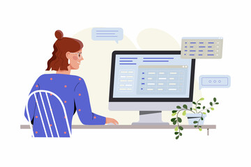 Wall Mural - big data concept. girl sits in front of monitor in office. research, data analysis, digital archive 