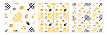 Set, Collection Of Three Vector Seamless Pattern Backgrounds For Hanukkah Celebration Design With Menorah, Dreidels, Coins, David Stars, Sufganiyot.
