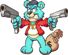 Cartoon Angry Teddy Bear Holding A Couple Of Guns And Keeping A Big Bag On Money. Vector Clip Art Illustration With Simple Gradients. Bear And Money Separate Layers.
