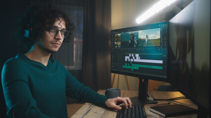 Wall Mural - man editing video in evening