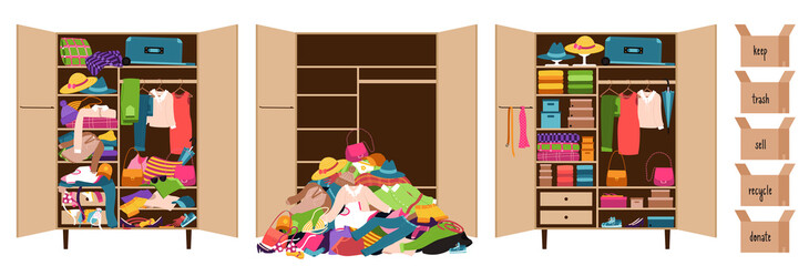 Wall Mural - A pile of clothes, a closet littered with clothes and a wardrobe with things neatly laid out on the shelves. Boxes with inscriptions - donate, sell, keep, trash, recycle. Color vector illustration