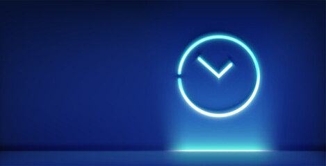 Aufkleber - Neon glowing clock sign in dark illuminated interior. 3d style vector banner with copy space