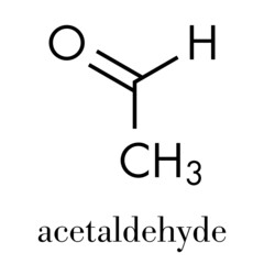 Sticker - Acetaldehyde (ethanal) molecule, chemical structure. Acetaldehyde is a toxic molecule responsible for many symptoms of alcohol hangover.  Skeletal formula.