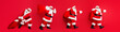 © deagreez - Panorama picture composition of cool father christmas take large package step empty space event isolated over red color background