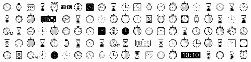 Wall Mural - clock icon set. vector time and clock icons set. horizontal set of analog clock icon symbol .circle 