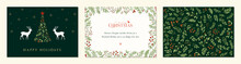 Luxury Corporate Merry And Bright Horizontal Holiday Cards. Christmas, Holiday Templates With Christmas Tree, Reindeers, Bird, Floral Background And Frames With Greetings And Copy Space.