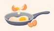 Broken eggs in frying pan. Scrambled eggs, protein, natural product. Delicious food, traditional breakfast. Cafeteria, restaurant. Cooking, preparing meal, chef Cartoon flat vector illustration