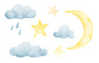 Watercolor set of Sky elements. Hand drawn illustration of blue Clouds with Rain drops and cute Stars. Sketch of yellow Crescent Moon for Baby design