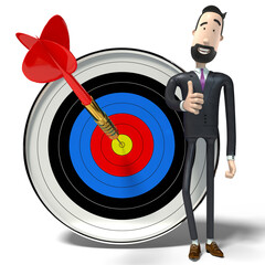 Sticker - Hipster cartoon businessman and dartboard - success concept - 3D illustration