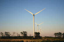 Wind Turbine Panorama Landscape In A Field On A Sunny Summer Day. Renewable Energy Plants. Wind Farm Along The Coast At Sunset With Blue Sky And Without Clouds