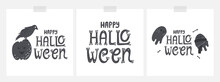 Set Of White Halloween Cards With Dark Gray Cute Lettering And Drawings - Pumpkin, Rave, Ghosts. Doodle Hand Drawn Illustrations Isolated On White Background.