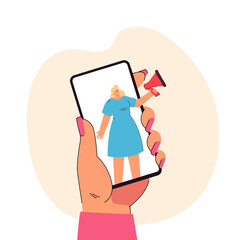 Wall Mural - Hand holding phone with woman speaking into megaphone on screen. Girl advertising, announcing news or sales flat vector illustration. Announcement, marketing, communication concept for banner