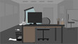 Workplace in an empty office in the evening. Vector illustration of an empty workplace. Working environment. The light from the desk lamp illuminates the table with papers.