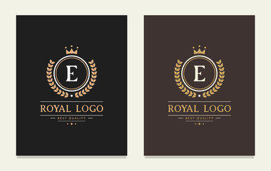 Wall Mural - Graceful letter E luxury royal style crown logo. Elegant emblem and round shape. The vintage symbol for book design, brand name, business card, restaurant, boutique, hotel, cafe, identity, badge