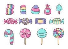 Kawaii Cute Pastel Set Of Candy Sweets Desserts With Different Types Isolated On White Background For Cafe Or Restaurant. Illustration Vector.