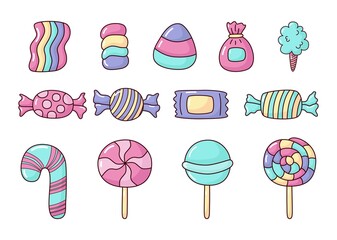 Wall Mural - kawaii Cute Pastel Set of candy sweets desserts with different types isolated on white Background for cafe or restaurant. illustration Vector.