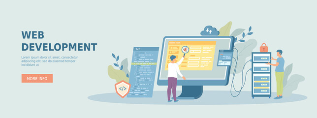 Web development. Developers creating program code, development of software and programming. Promotional web banner. Cartoon flat vector illustration with people characters.