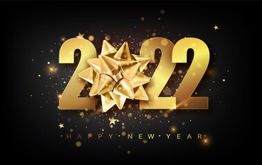 Wall Mural - 2021 Happy New Year vector background with golden gift bow, confetti, white numbers. Winter holiday greeting card design template. Christmas and New Year posters.