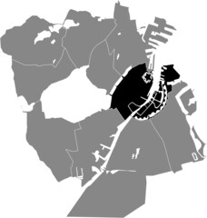 Black location map of the Indre By District inside gray urban districts map of the Danish capital city of Copenhagen Municipality, Denmark