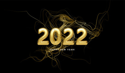 Wall Mural - Calendar header 2022 with golden waves swirl with golden sparkles on black background. Happy new year 2022 golden waves background. Vector illustration