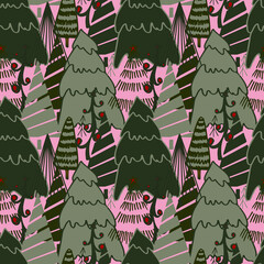 Christmas background vector seamless pattern of stylized Christmas trees. Wallpaper for wrapping paper, invitations, paper and cards, website backgrounds. New Year and Christmas festive forest conifer