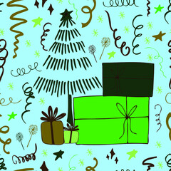 Christmas background party celebration vector seamless pattern stylized Christmas trees with candy gifts and sparklers. Wallpaper for wrapping paper, invitations, paper and cards, website backgrounds.