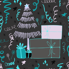 Christmas background party celebration vector seamless pattern stylized Christmas trees with candy gifts and sparklers. Wallpaper for wrapping paper, invitations, paper and cards, website backgrounds.