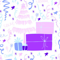 Christmas background party celebration vector seamless pattern stylized Christmas trees with candy gifts and sparklers. Wallpaper for wrapping paper, invitations, paper and cards, website backgrounds.