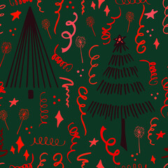 Christmas background party celebration vector seamless pattern stylized Christmas trees with candy gifts and sparklers. Wallpaper for wrapping paper, invitations, paper and cards, website backgrounds.