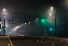 Empty Foggy Night Road With Rows Of Lamp Posts, Green Traffic Light And Pedestrian Crossing