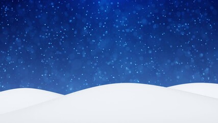 Wall Mural - Snowy winter cold landscape hills with falling snowflakes on dark blue skies holiday christmas copy space greeting card animation background.