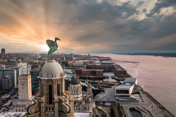 Fototapete - Aerial view of the Liver birds statue taken in the sunrise over Liverpool city in England.