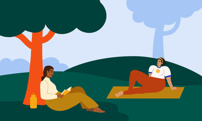 Wall Mural - Illustration of two women relaxing at the park