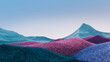 Surreal mountains landscape with blue and purple peaks and blue sky. Minimal modern abstract background. Shaggy surface with a slight noise. 3d rendering