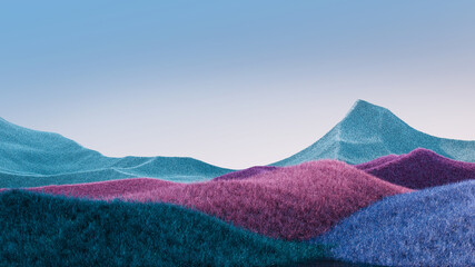 Surreal mountains landscape with blue and purple peaks and blue sky. Minimal modern abstract background. Shaggy surface with a slight noise. 3d rendering