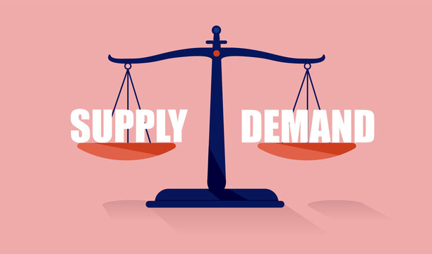 supply and demand vector illustration. weight scale with words in equal position.