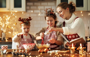 Poster - Young smiling woman mother making dough for christmas gingerbread cookies with cute little kids