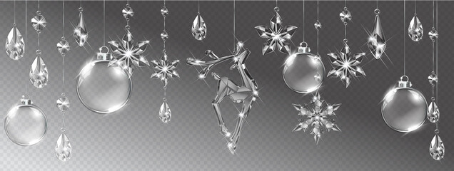 Wall Mural - Vector realistic transparent Christmas crystal deer and decoration on abstract background. Glass sparkling translucent crystals