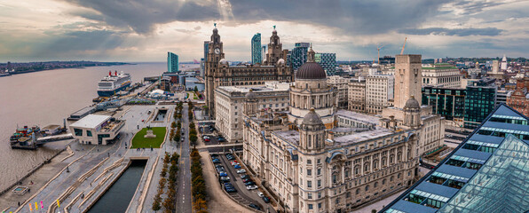 Fototapete - Aerial view of the Modern architecture in Liverpool, England, United Kingdom. Beautiful buidling by the waterfront.