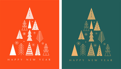 Simple Christmas trees background, geometric minimalist style. Happy new year banner. Xmas tree, snowflakes, decorations elements. Retro clean concept design
