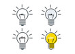 icône ou pictogramme d'une ampoule qui s'allume. Symbole d'une idée ou du génie grâce à la lumière. Le mot idée est écrit avec le filament de l'ampoule