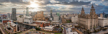 Beautiful Aerial Panoramic View Of The Liverpool City Skyline View Near The Sea. Liverpool Waterfront Scene.