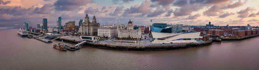 Wall Mural - Beautiful aerial panoramic view of the Liverpool city skyline view near the sea. Liverpool waterfront scene.