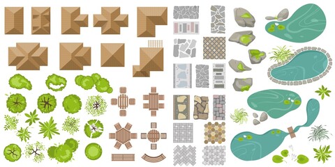 Wall Mural - set architectoral and landscape elements top view. collection of houses, garden plants, trees, ponds