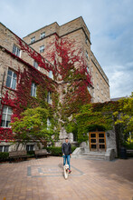 Man Walking Dog Past Red Ivy Covered Building On College Campus.