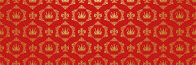 Beautiful Background Pattern With Golden Decorative Ornament In Royal Style On Red Background For Your Design. Background For Wallpaper, Textures.